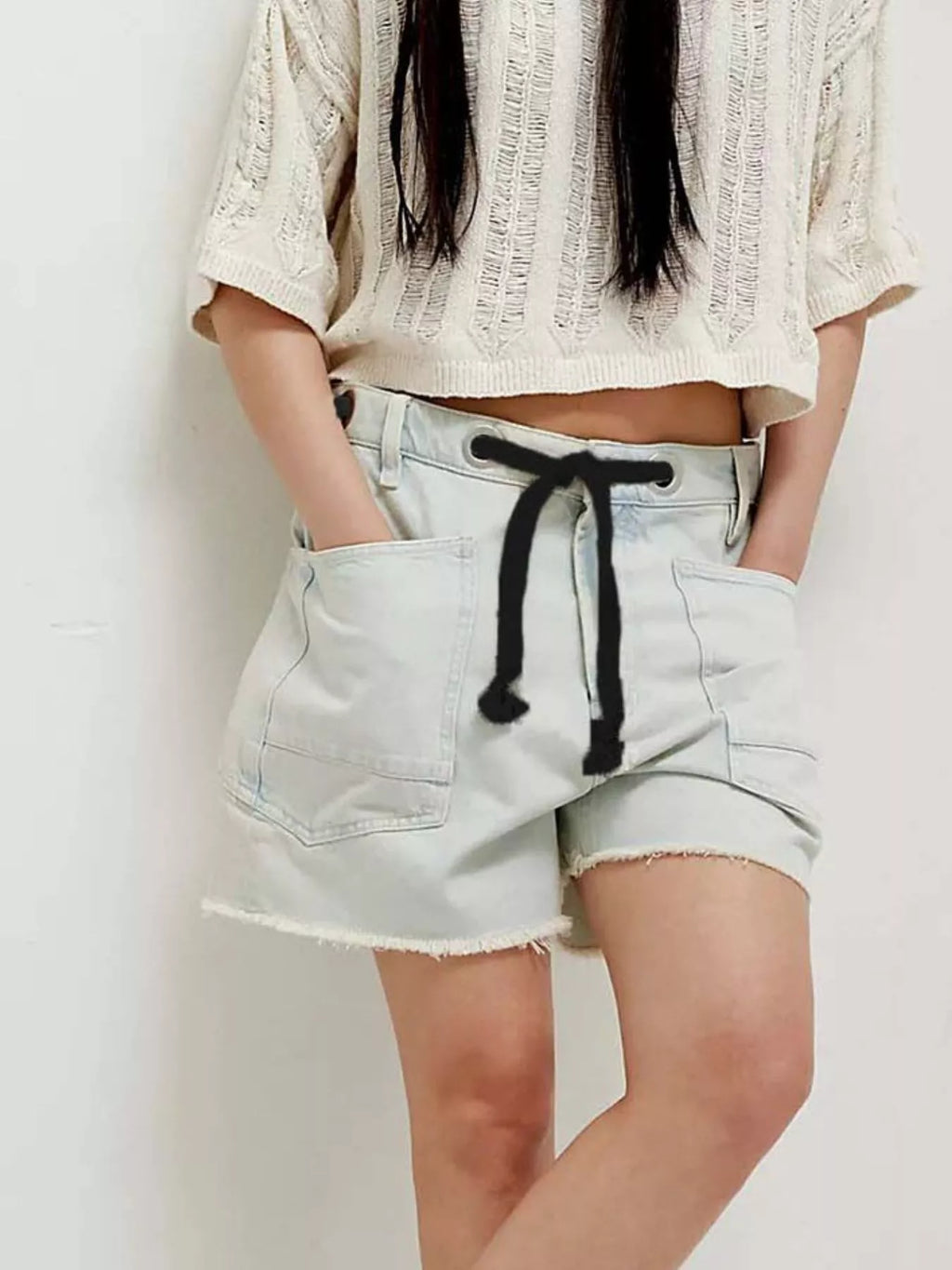 Drawstring Raw Hem Denim Shorts