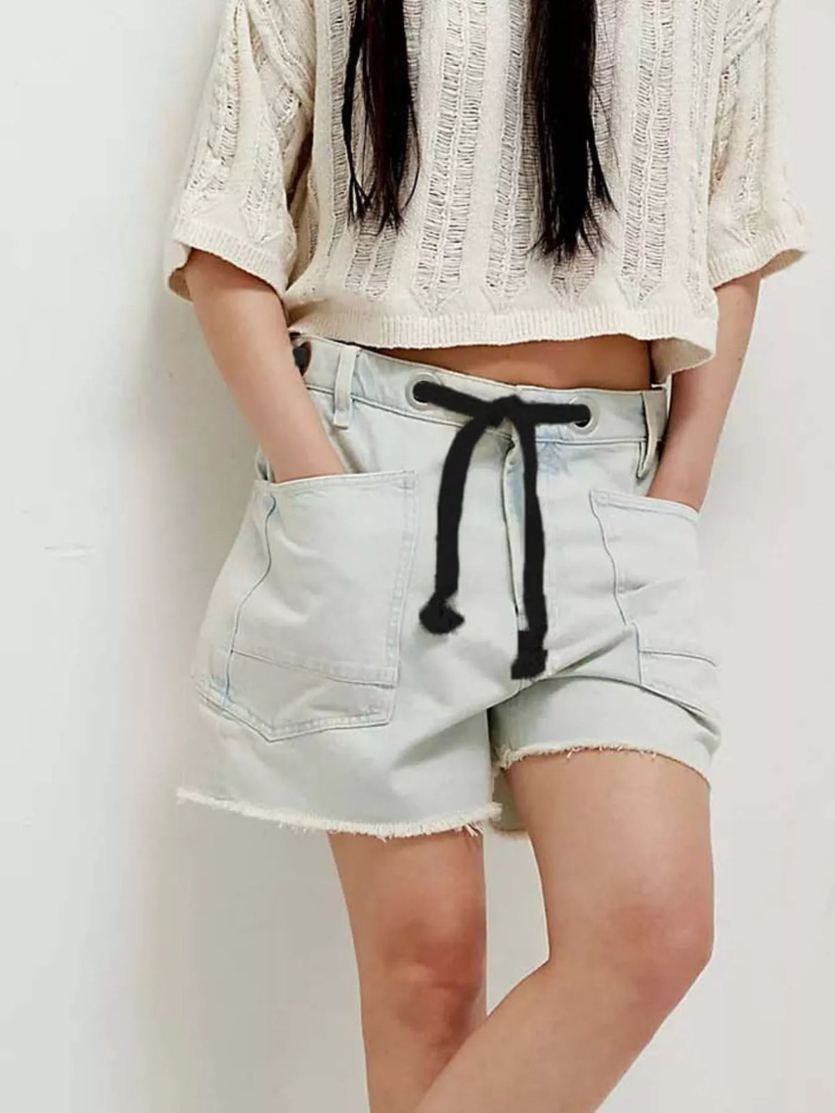 Drawstring Raw Hem Denim Shorts