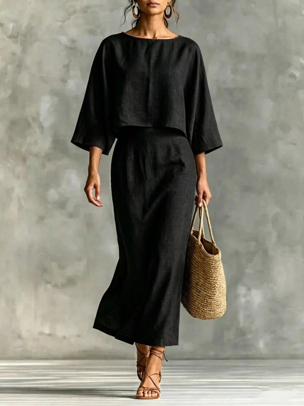 Full Size Solid Color Cropped Top and Midi Skirt Set Plus Size