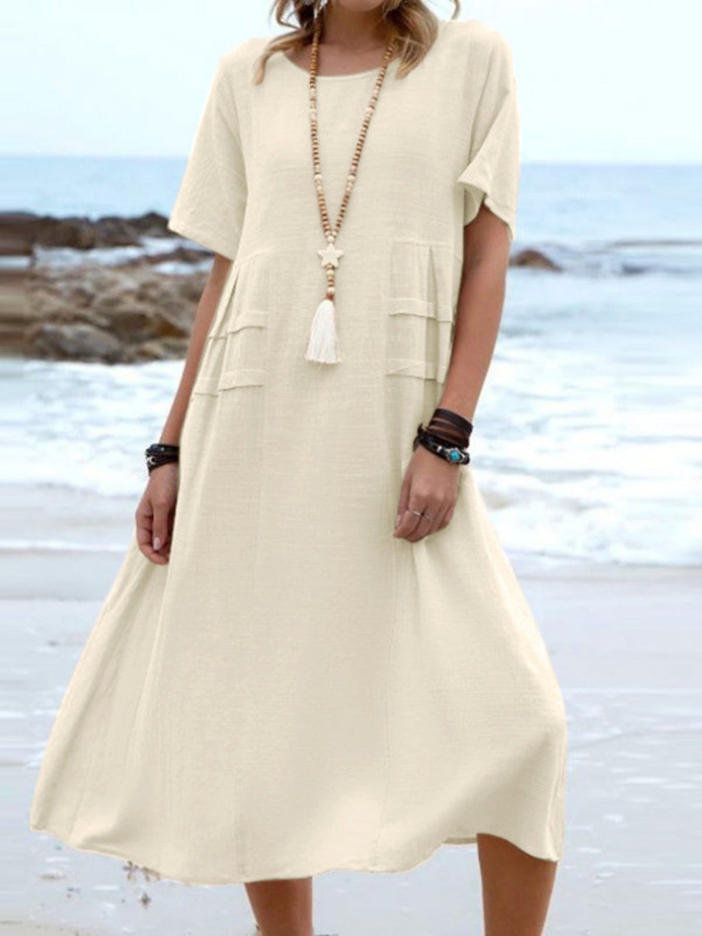 Full Size Casual Linen Blend Midi Dress Plus Size