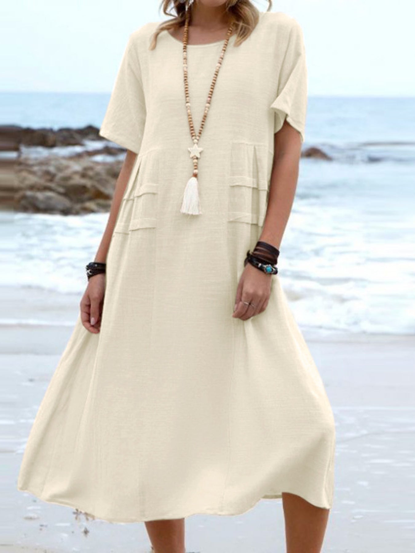 Full Size Casual Linen Blend Midi Dress Plus Size