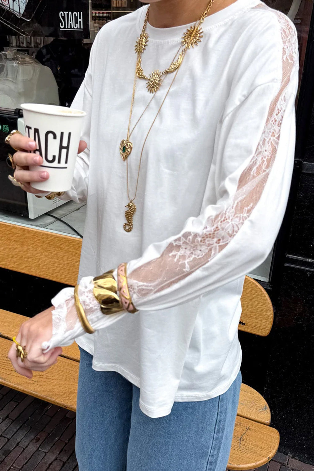 White Lace Patchwork Round Neck Long Sleeve Top