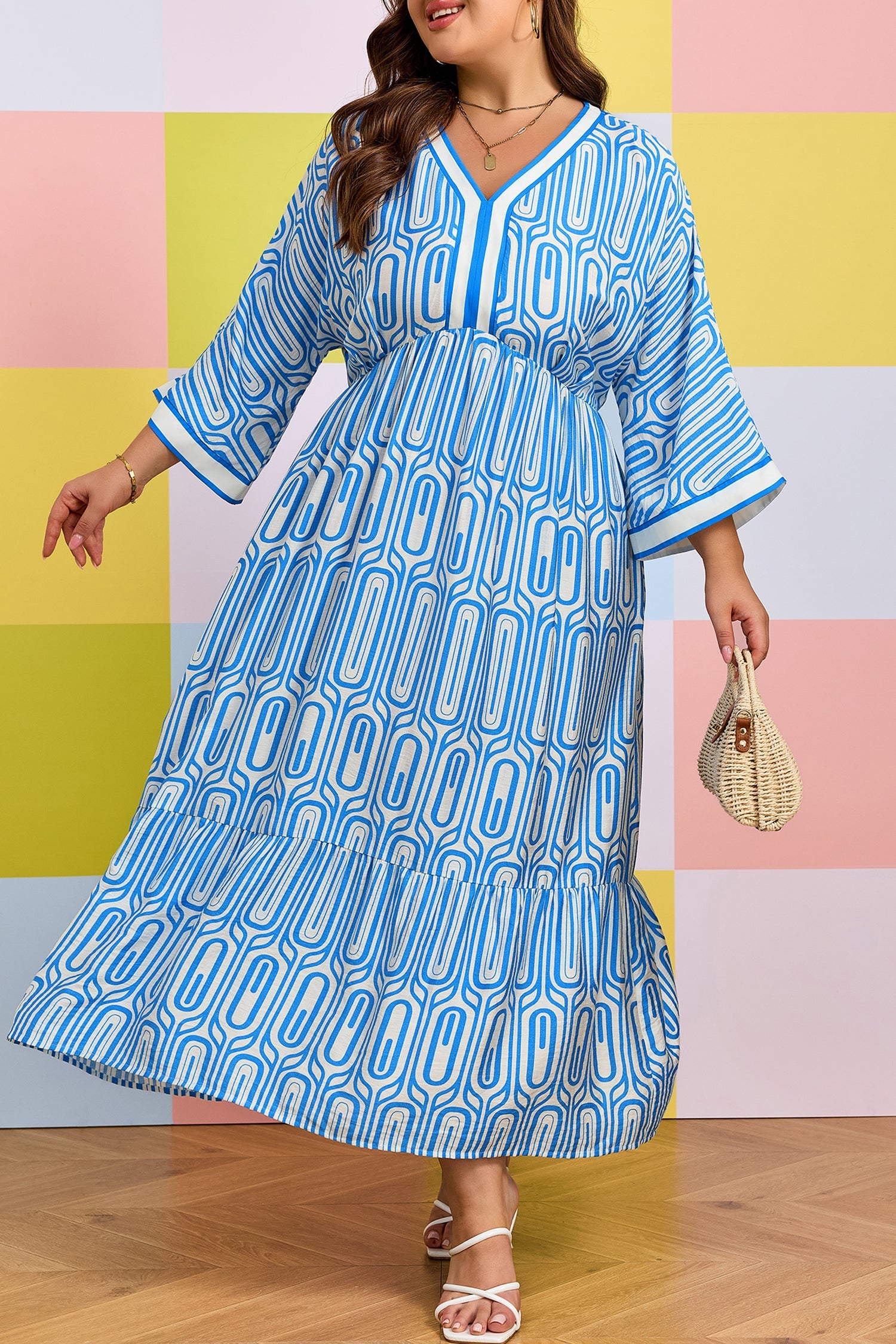 Sky Blue Plus Size Geometric Print Contrast Trim V Neck Bracelet Sleeve Long Dress