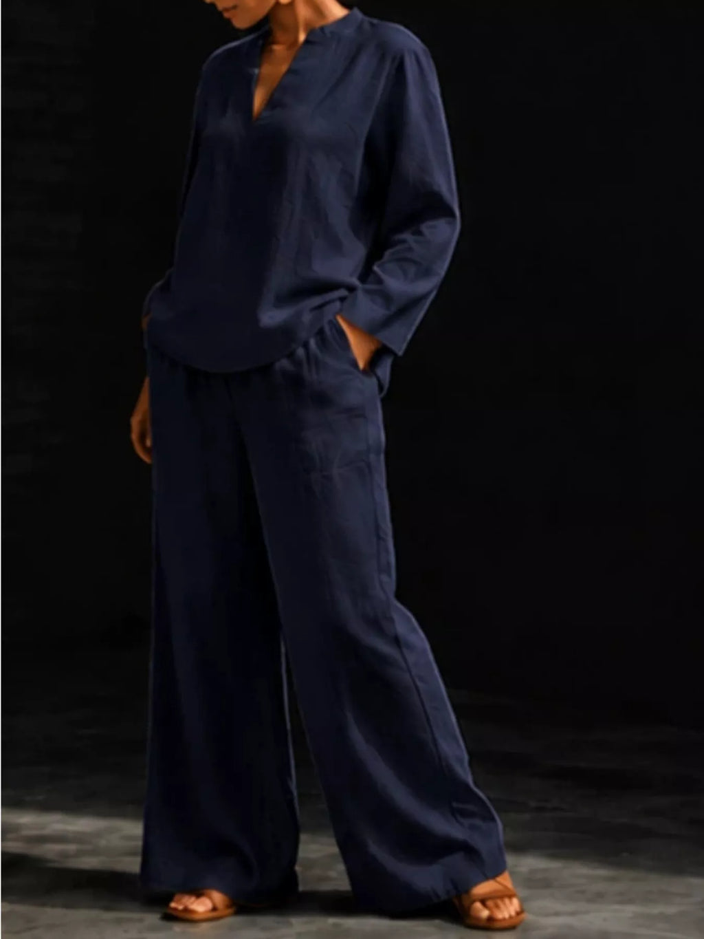 Notched Long Sleeve Top and Pants Set