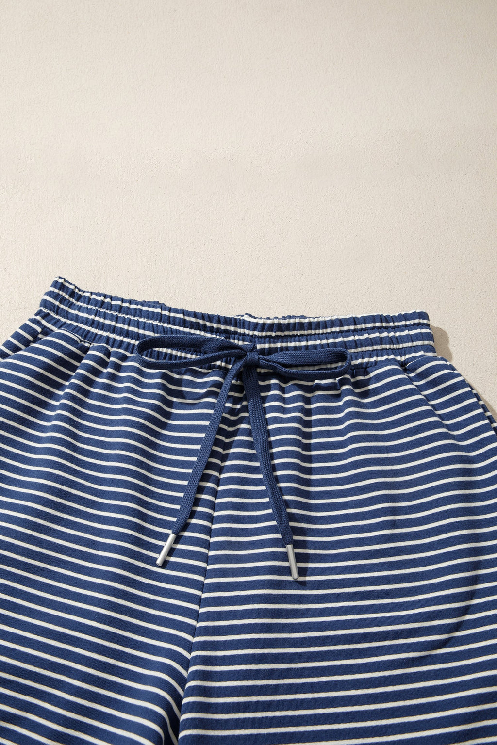 Blue Stripe Ribbed Patchwork Mock Neck Baggy Pullover Matching Shorts Set