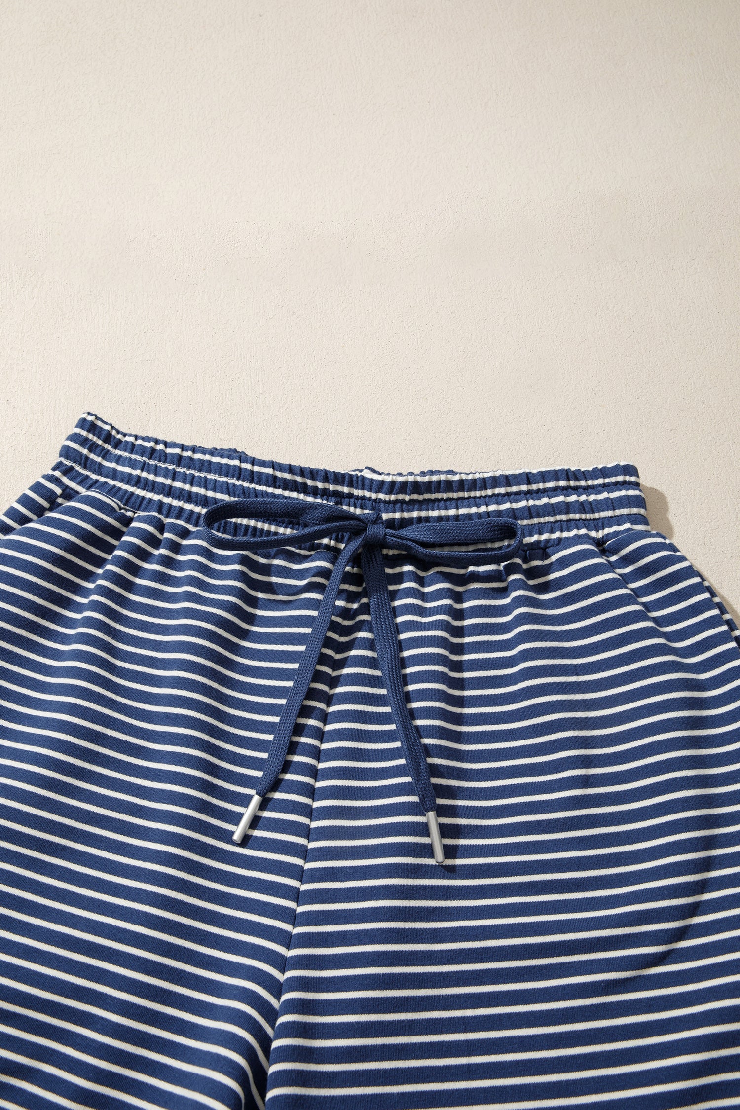 Blue Stripe Ribbed Patchwork Mock Neck Baggy Pullover Matching Shorts Set