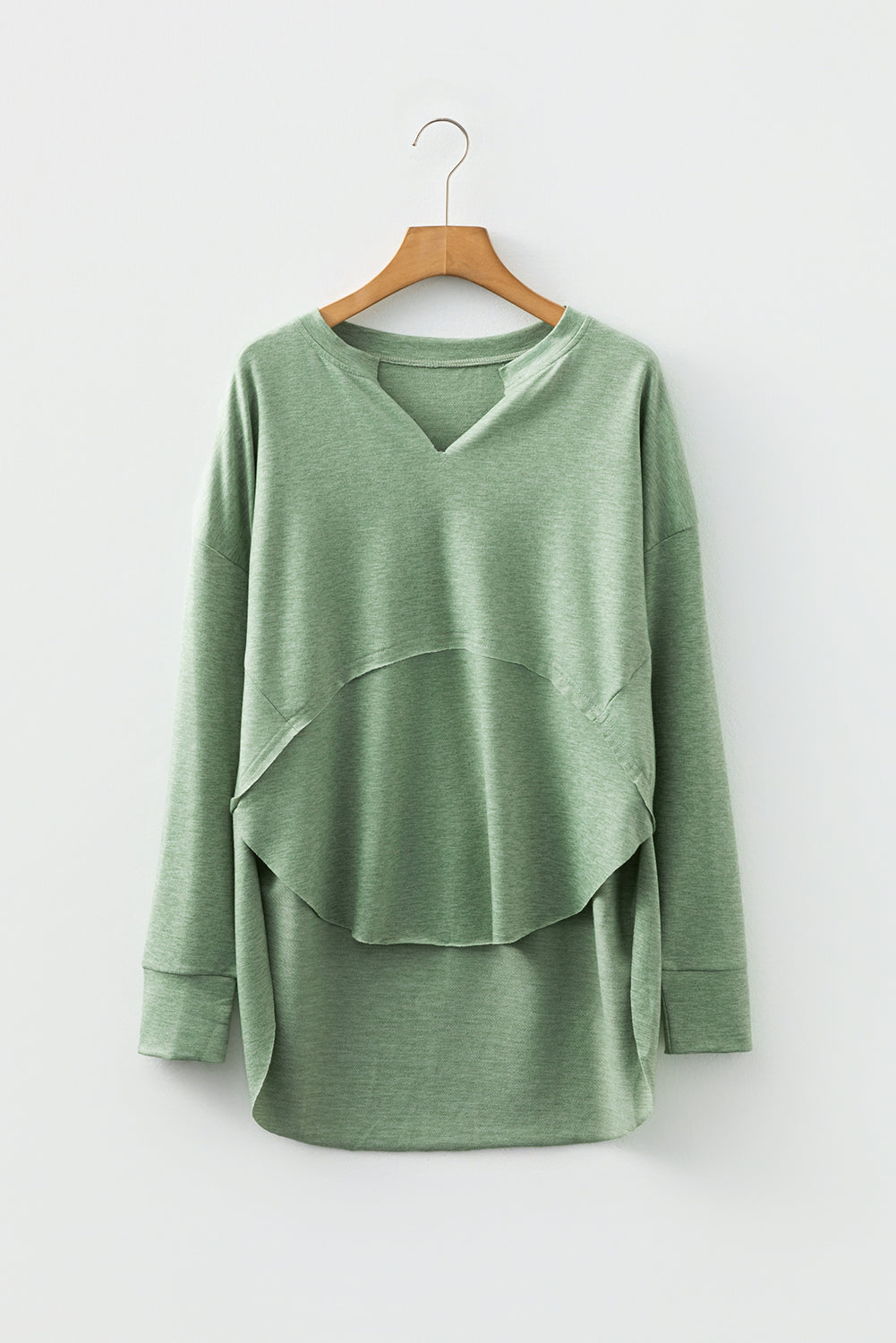 Solid V-Neck Raw Hem Long Sleeve Top