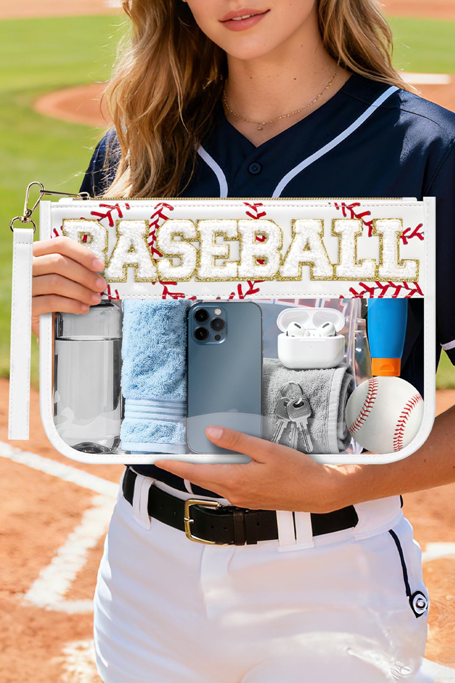 White BASEBALL Chenille Letter Patch Game Day Stadium Clear PVC Cosmetic Bag