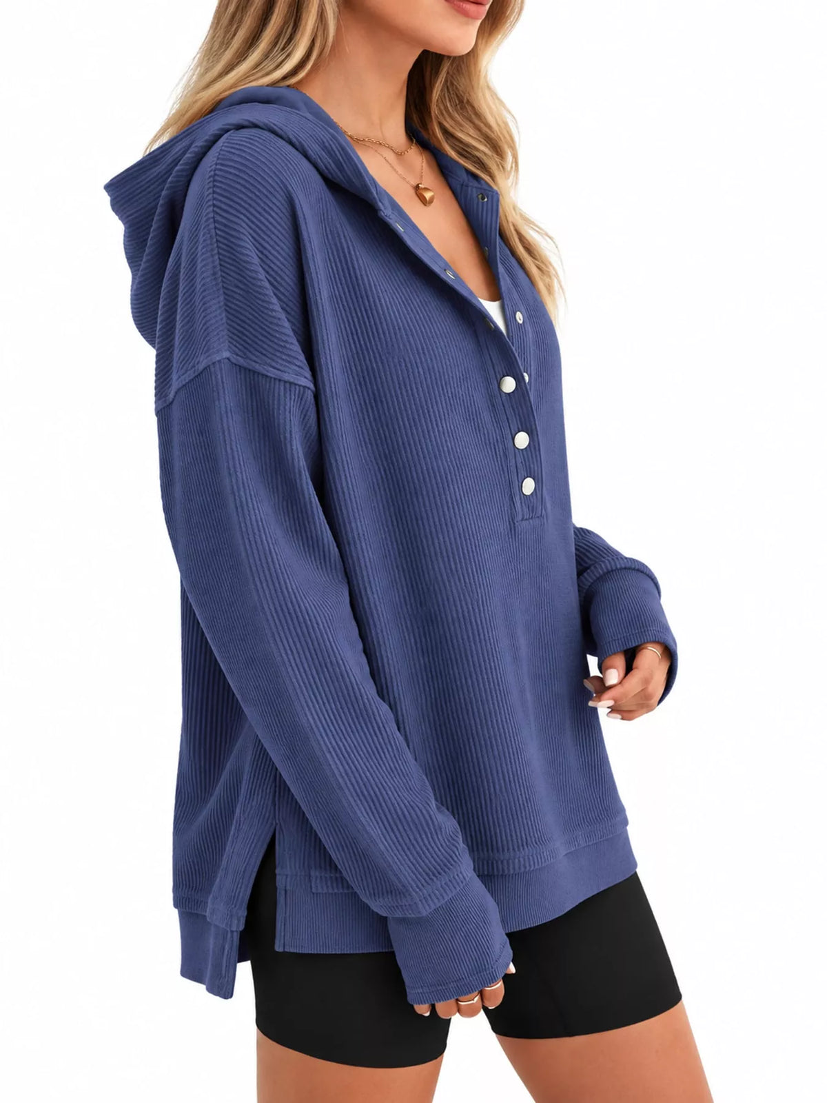 Full Size Snap Button Placket Dropped Shoulder Hoodie Plus Size
