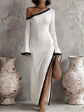Slit One-Shoulder Contrast Trim Maxi Dress