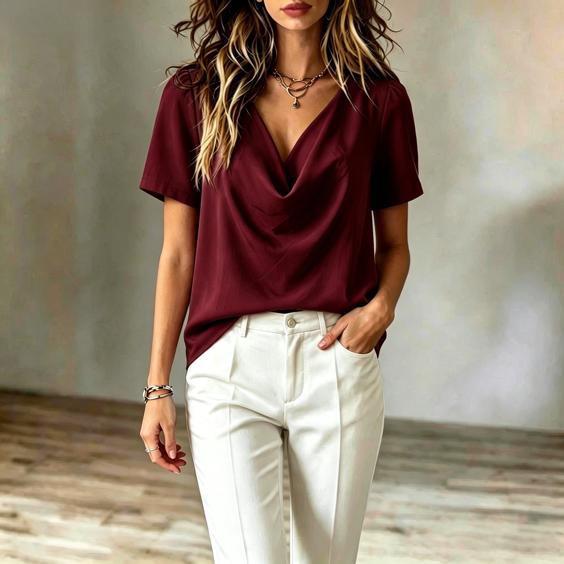 Womens V-neck Short-sleeve Loose-fit T-shirt Top