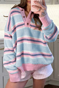 Sky Blue Stripe Striped Button Collar Long Sleeve Shift Fit Winter Knitwear Sweater