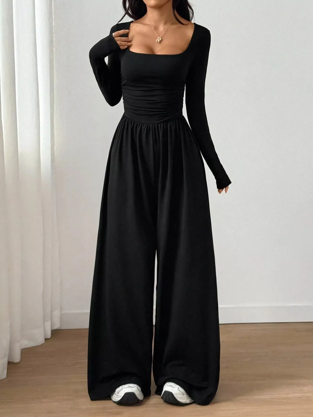 Ruched Square Neck Wide-Leg Jumpsuit
