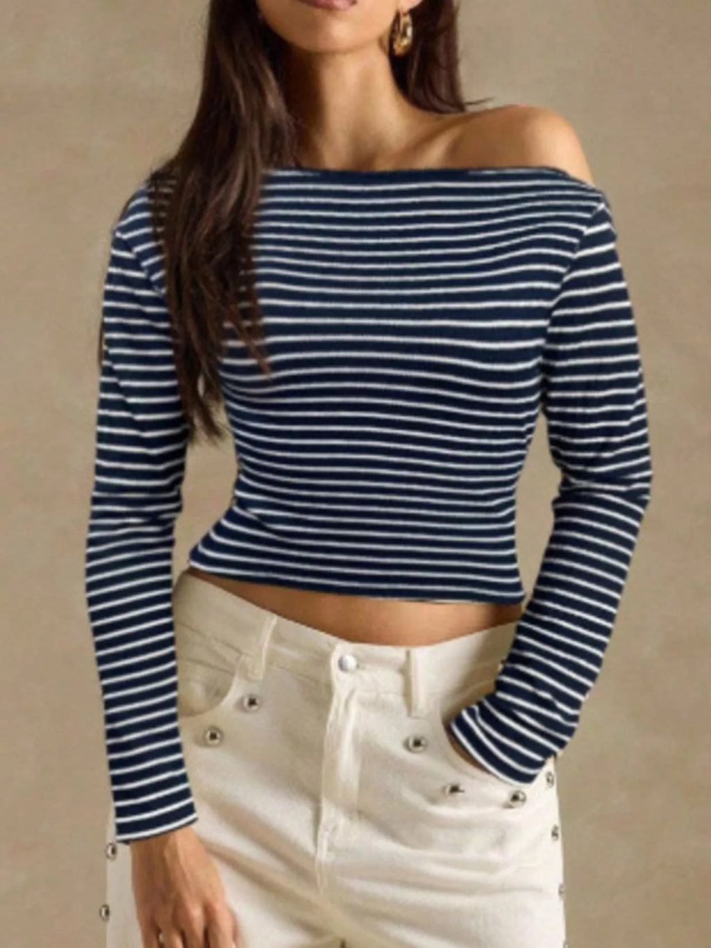 Off-Shoulder Striped Ribbed Long Sleeve T-Shirt