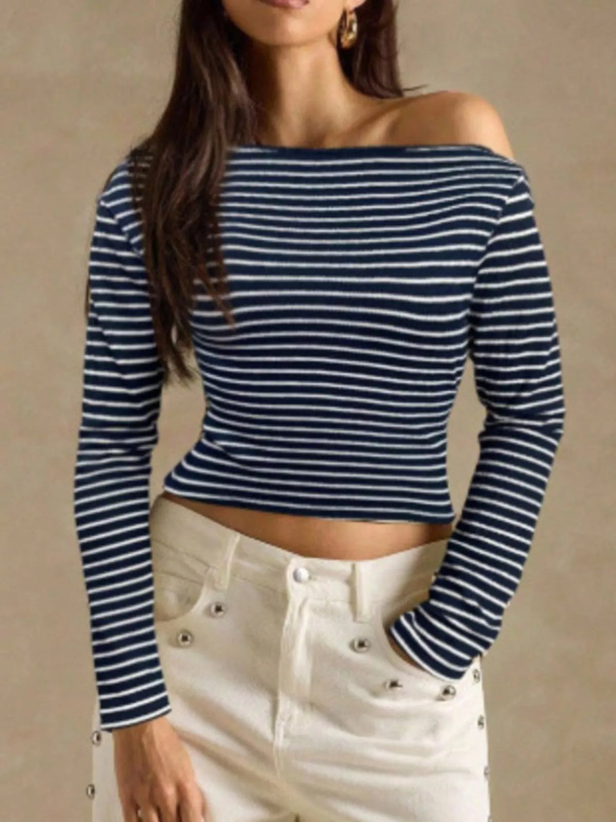 Off-Shoulder Striped Ribbed Long Sleeve T-Shirt