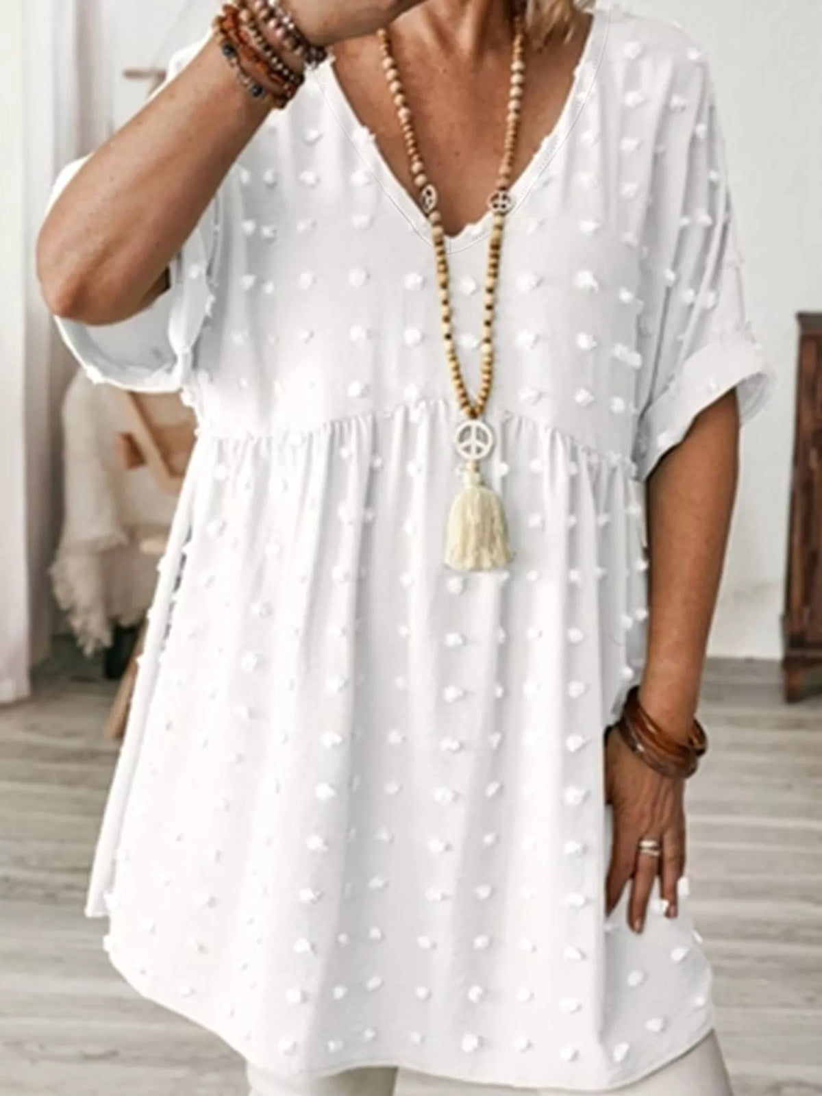 Plus Size Swiss Dot V-Neck Casual Blouse