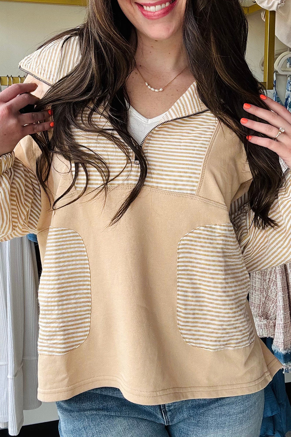 Smoke Gray Quarter Zip Striped Patchwork Drop Shoulder Loose Long Sleeve Top