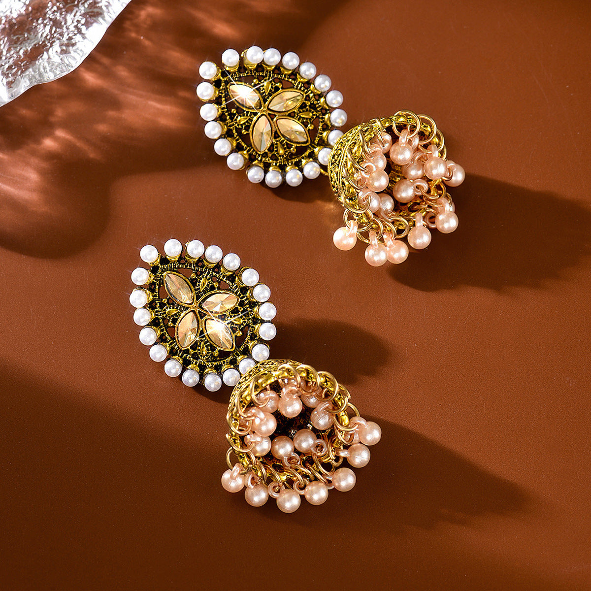 Womens Bohemian Retro Teardrop Rhinestone Pearl Inlaid Tassel Bell Earrings,Costume Earrings For Daily Vacation Party Wear
