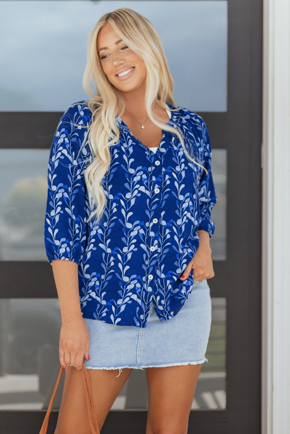 Floral 3/4 Sleeve Notched Neck Blouse