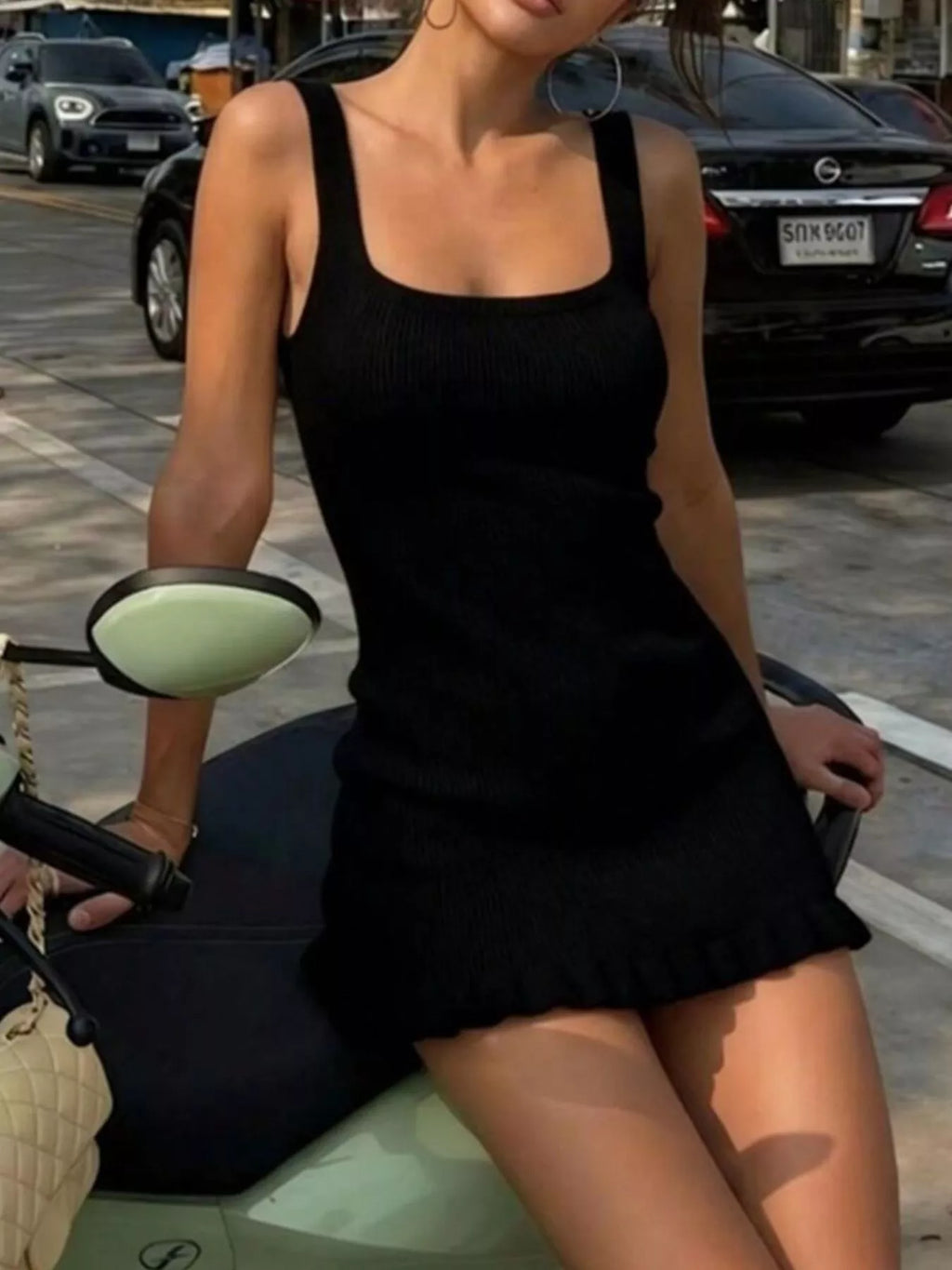 Ribbed Knit Square Neck Sweater Dress