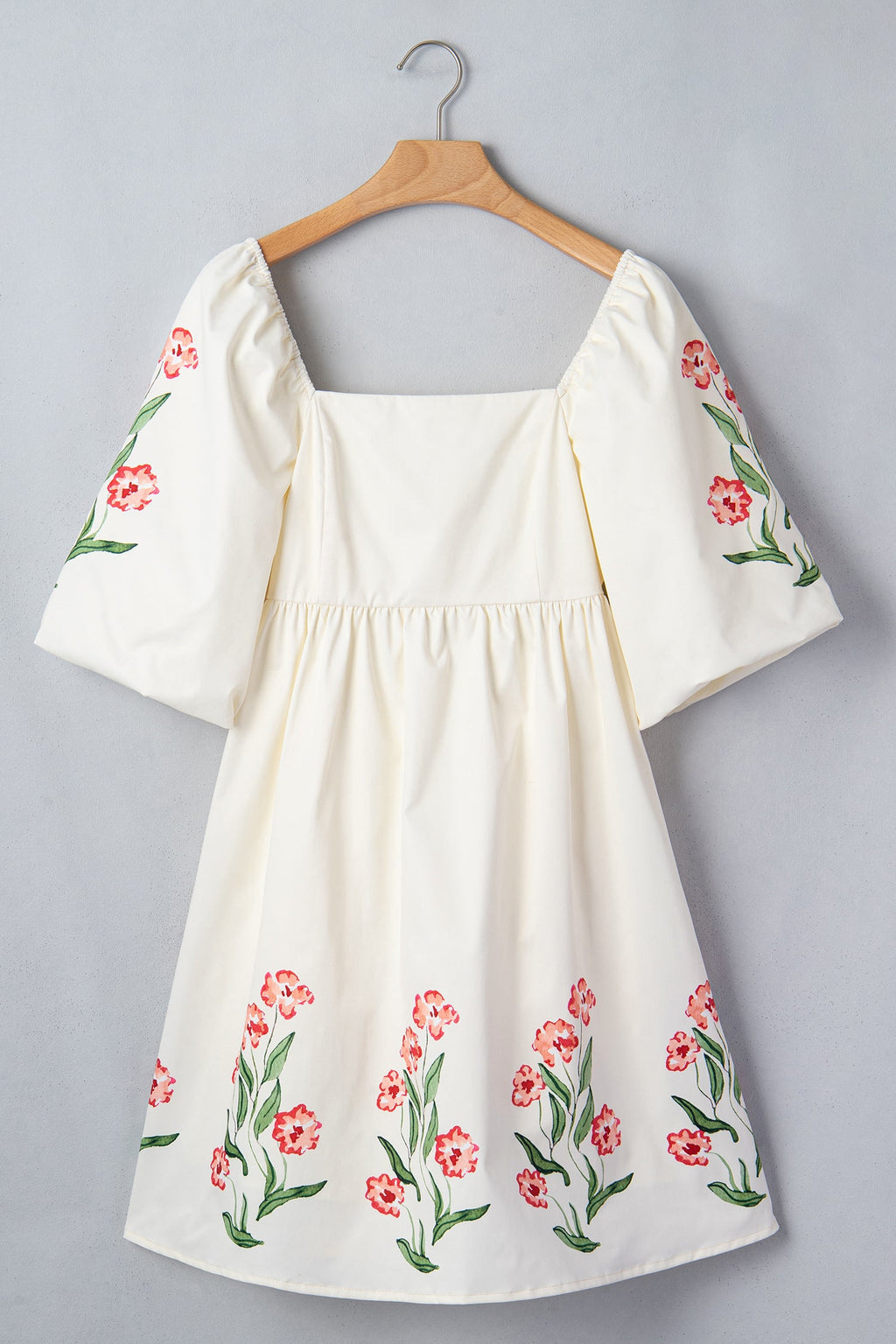 Beige Floral Print Puff Sleeve Babydoll Dress