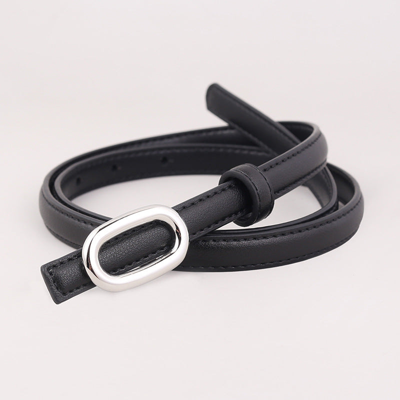 Skinny Leather Belt with Oval Buckle