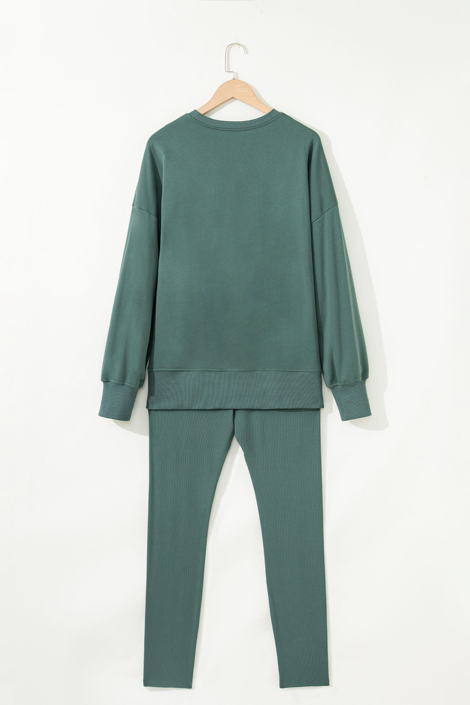 Green Bay Solid Color Oversize Slit Sweatshirt Ribbed Leggings 2pcs Set