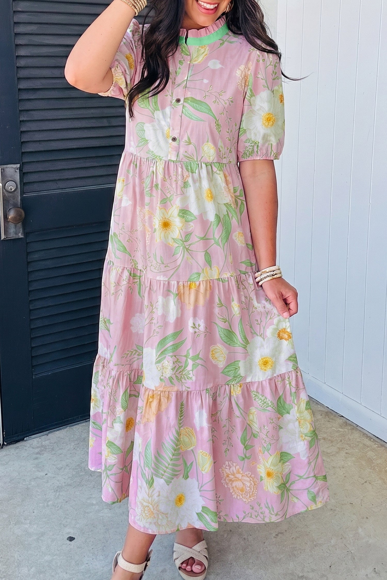 Pink Floral Print Short Puff Sleeve High Waist Tiered Maxi Dress