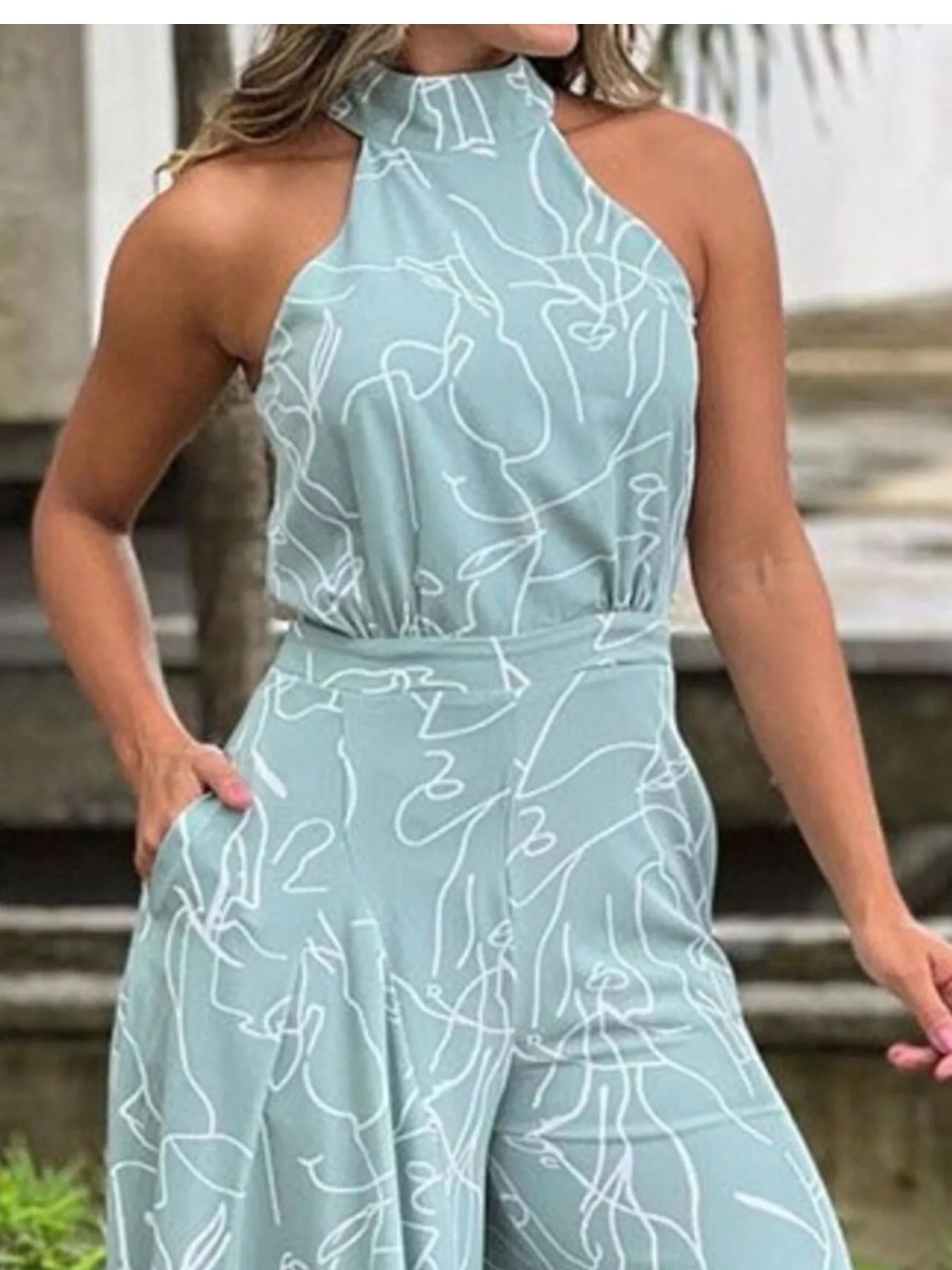 Halter Neck Abstract Print Wide Leg Jumpsuit