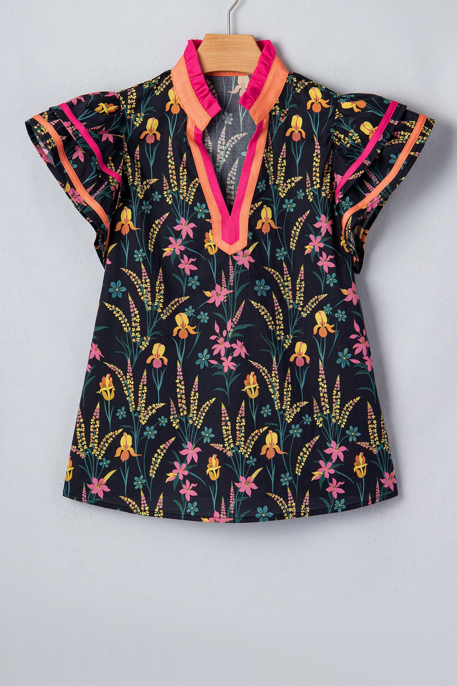 Black Floral Print Contrast Trim Tiered Ruffled Short Sleeve Blouse