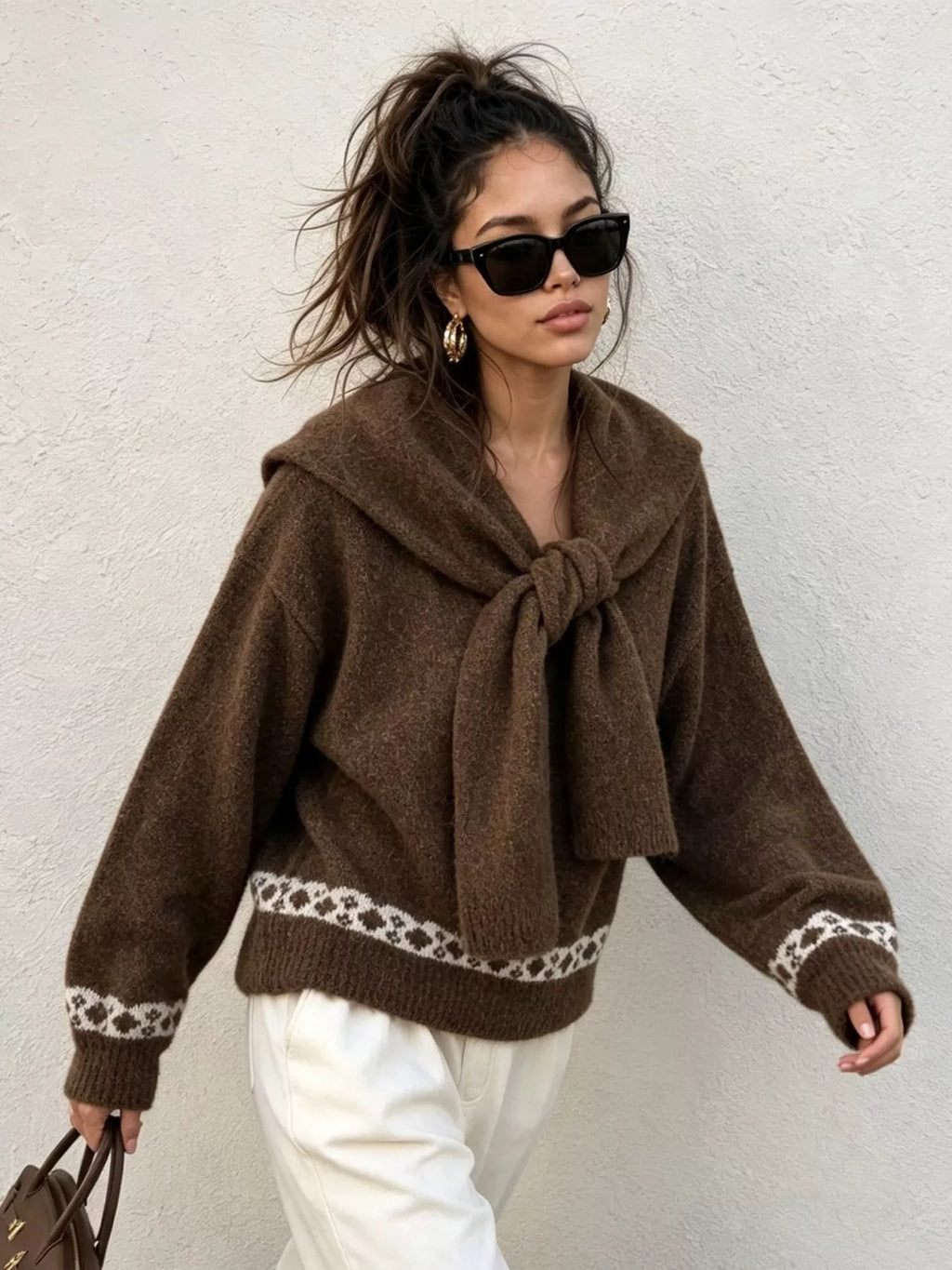 Scarf Detail Dropped Shoulder Sweater
