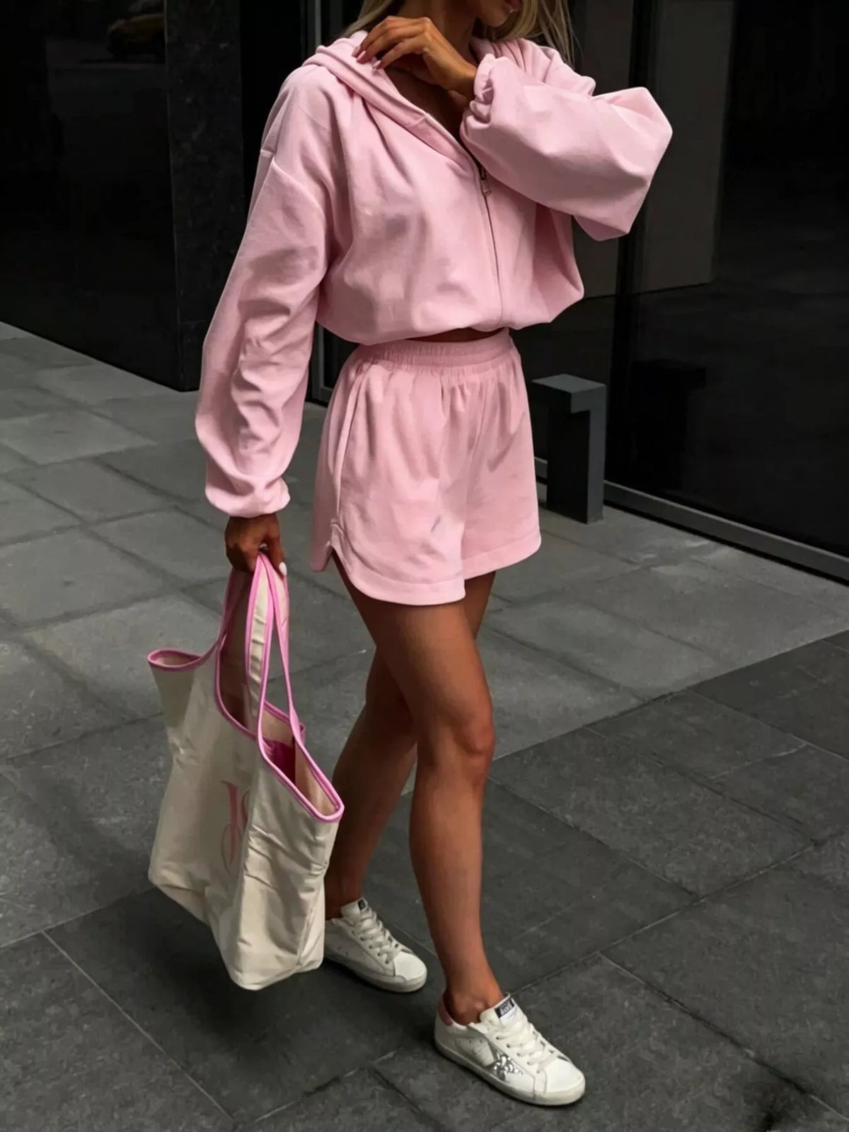 Zip Up Crop Hoodie and Shorts Set