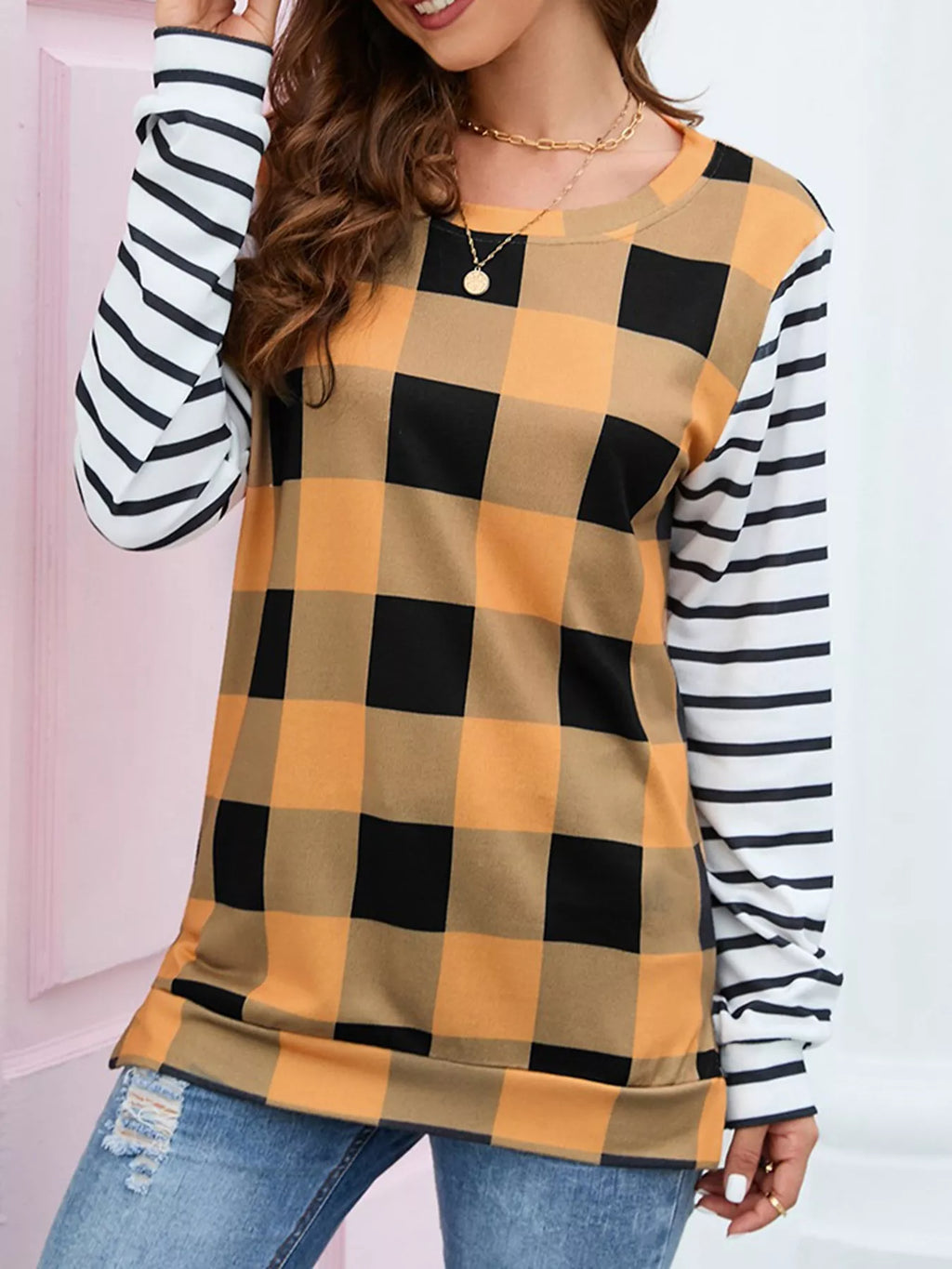 Plaid and Stripe Contrast Long Sleeve T-Shirt