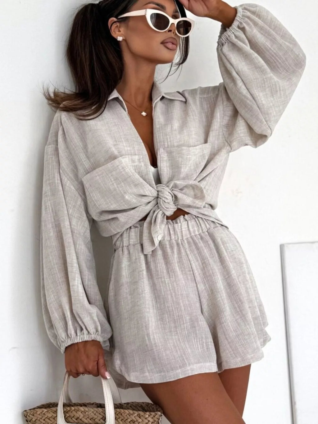 Long Sleeve Shirt and High-Waisted Shorts Set