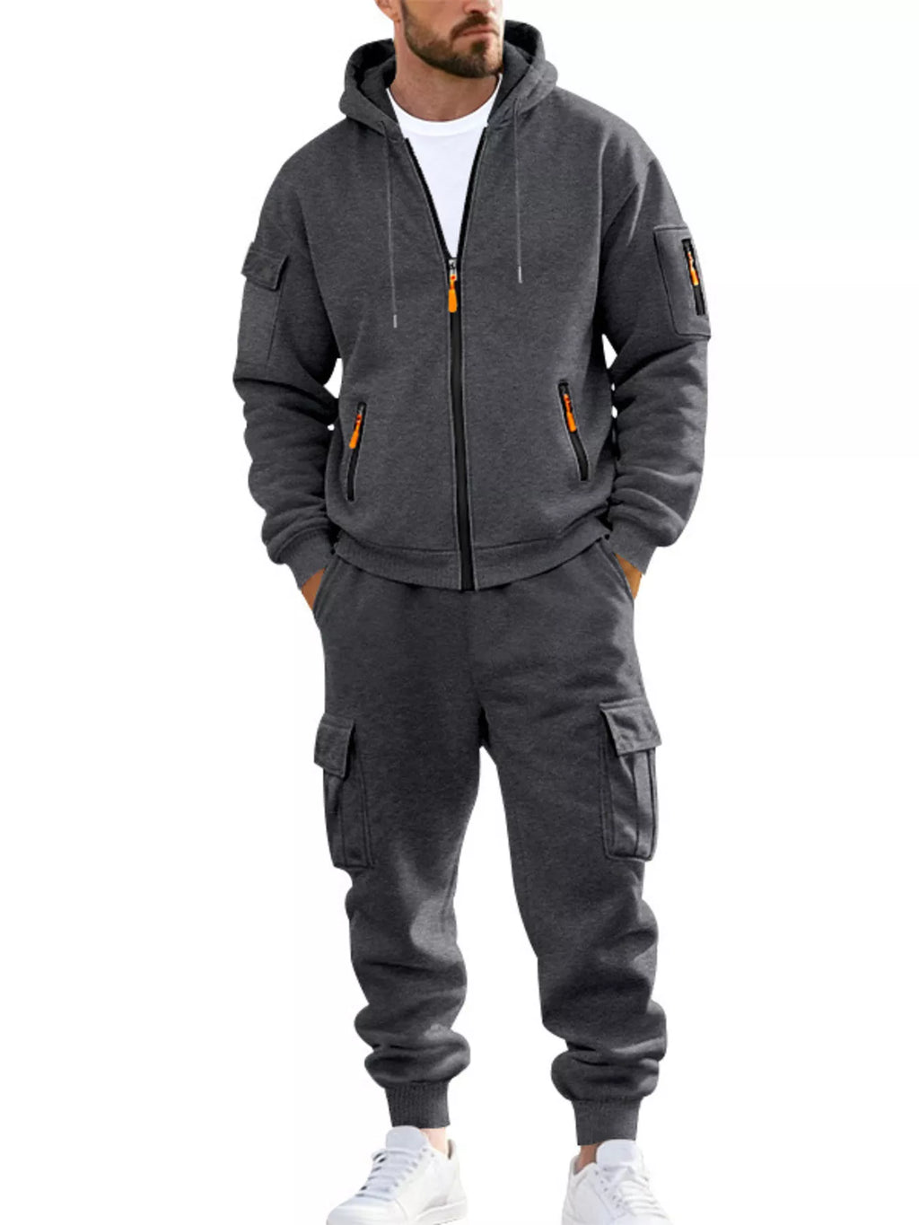 Men's Plus Size Casual Zip-Up Hoodie and Cargo Pants Set