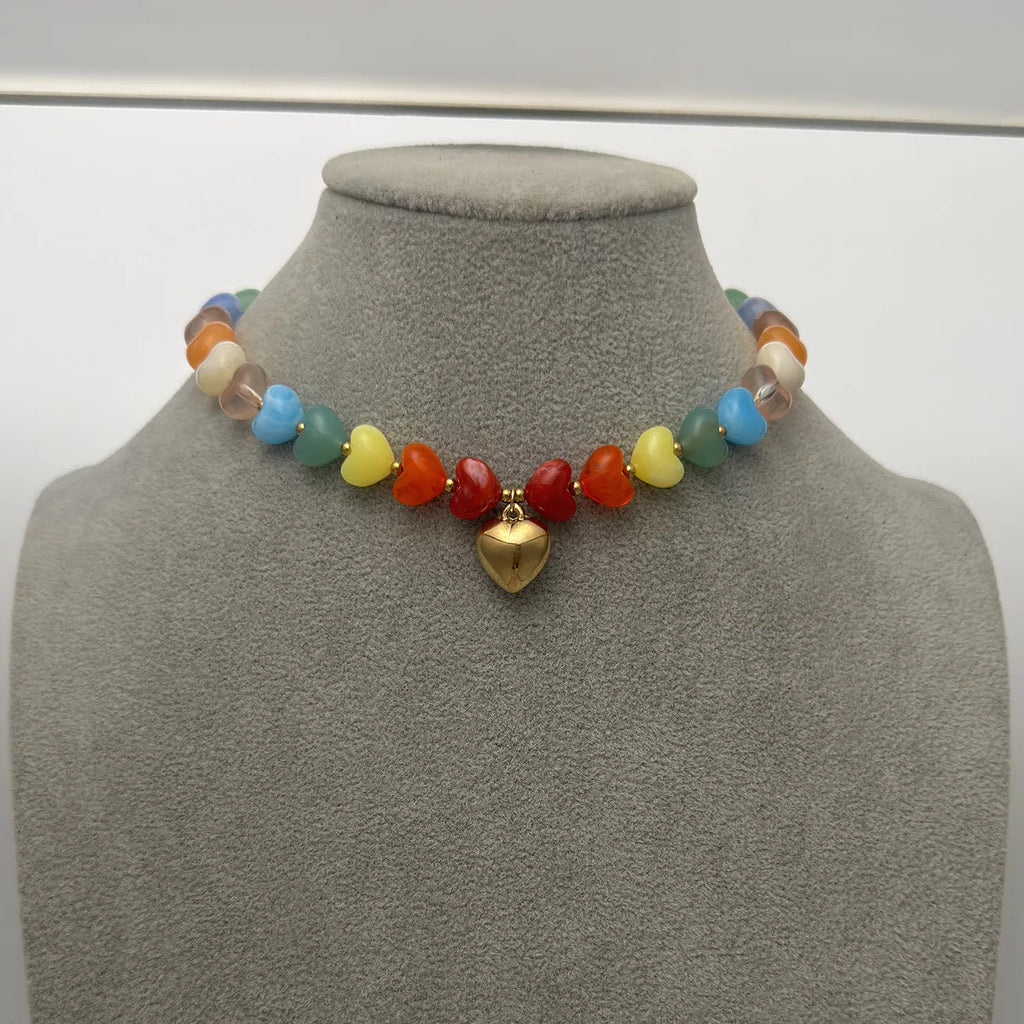 Colorful Heart Pendant Beaded Collarbone Necklace