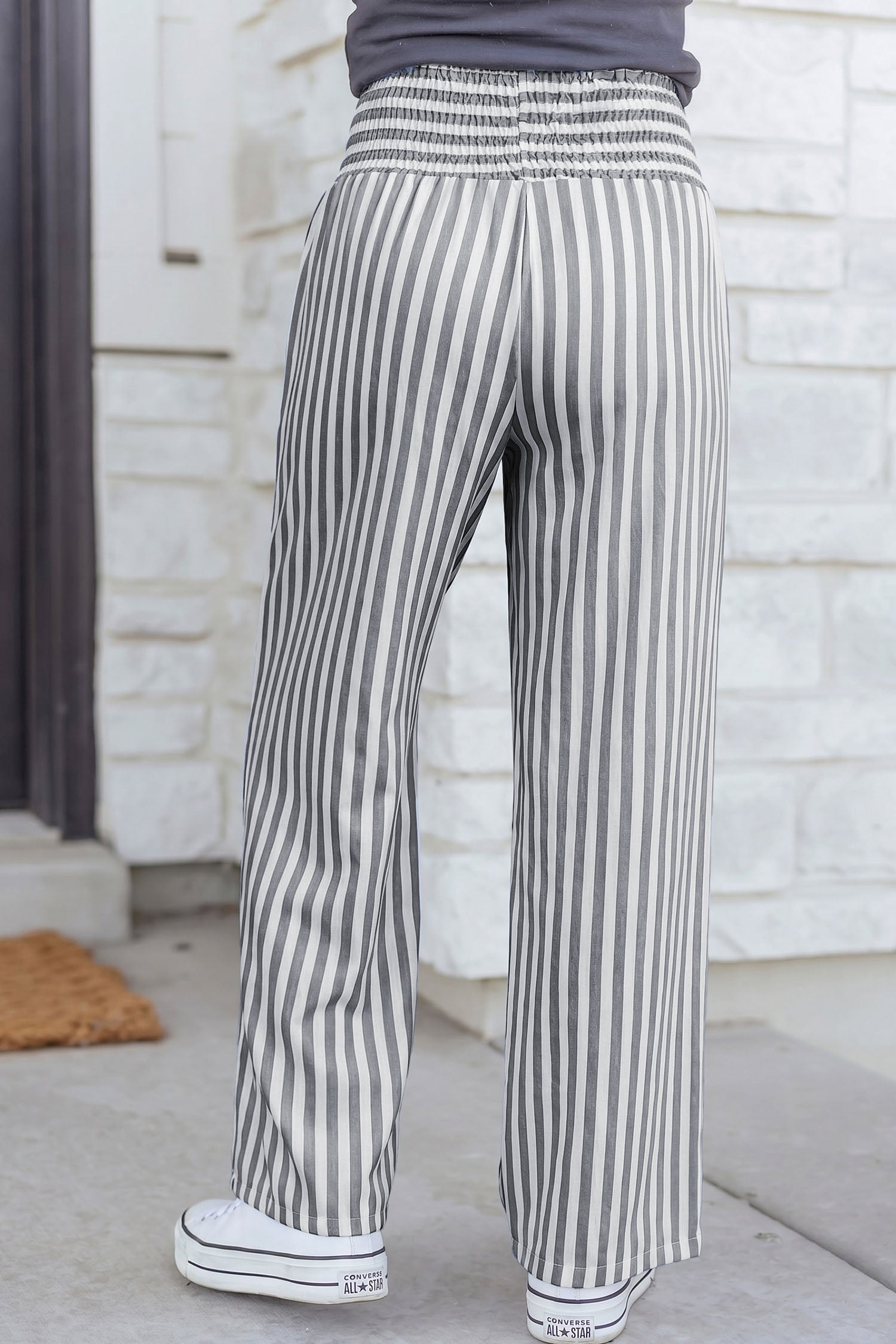 Black Stripe Shirred High Waist Loose Summer Pants