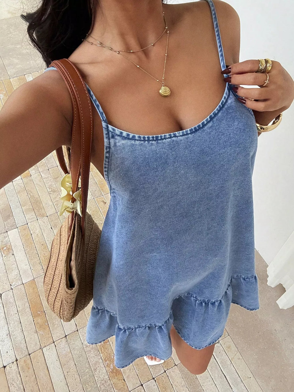 Casual Spaghetti Strap Ruffle Hem Denim Dress