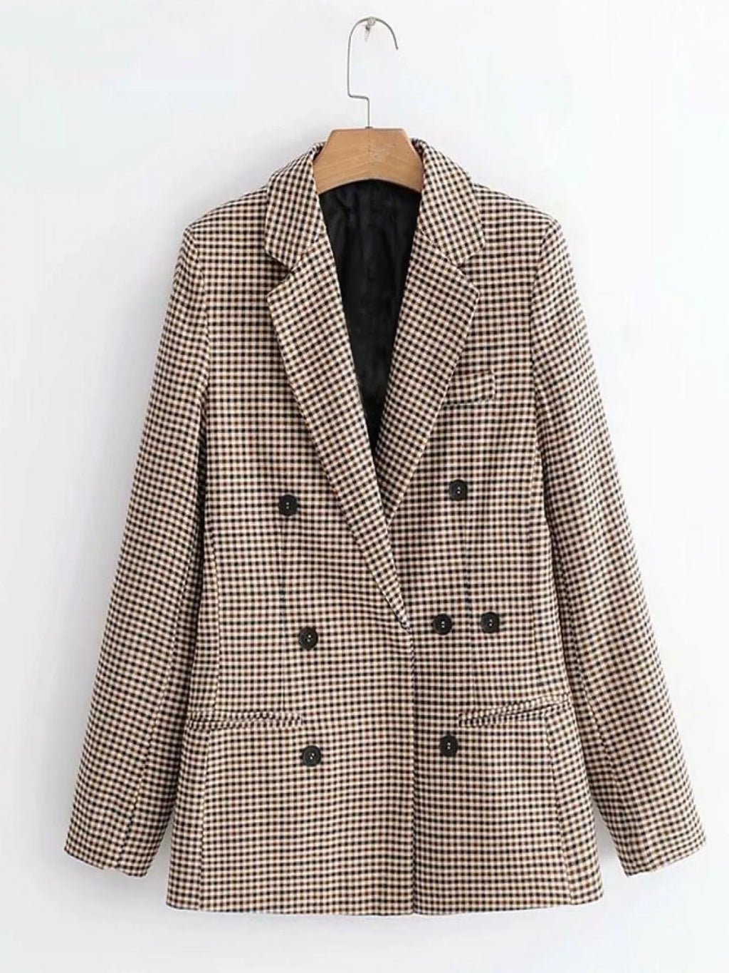 Plaid Double-Breasted Lapel Collar Blazer