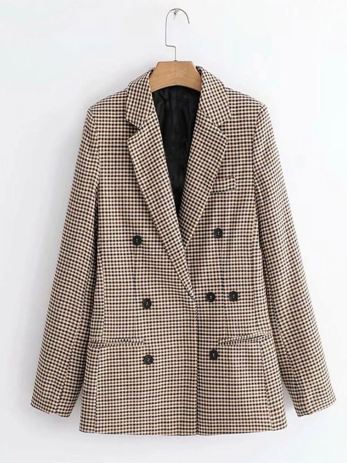 Plaid Double-Breasted Lapel Collar Blazer