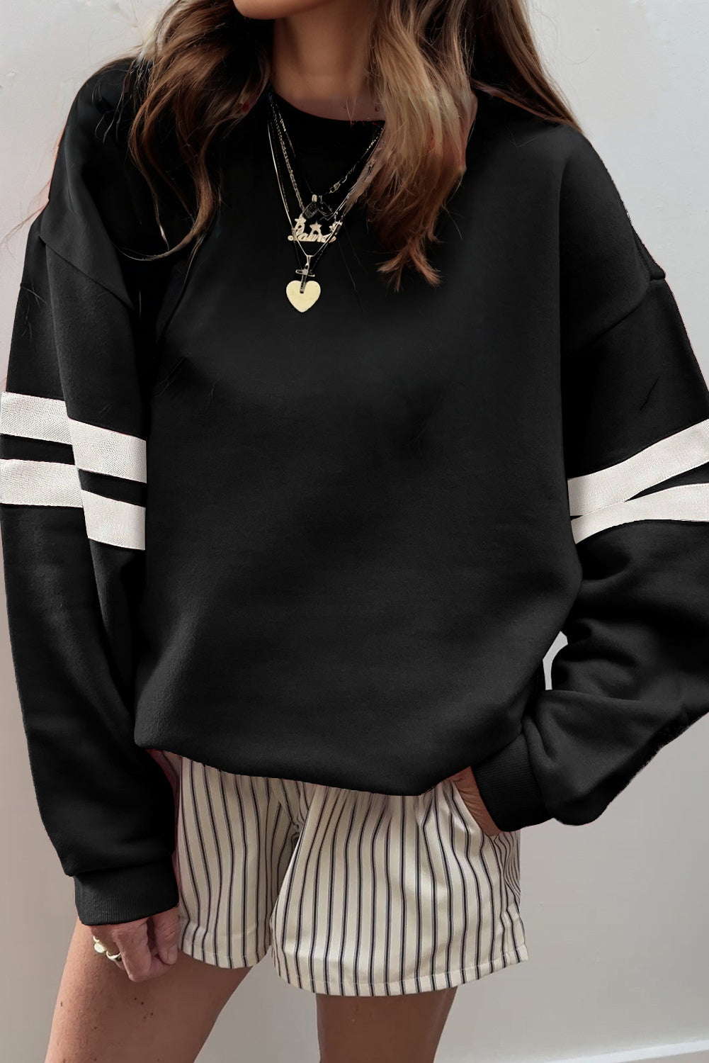 Black Varsity Striped Detail Drop Shoulder Oversized Sweatshirt