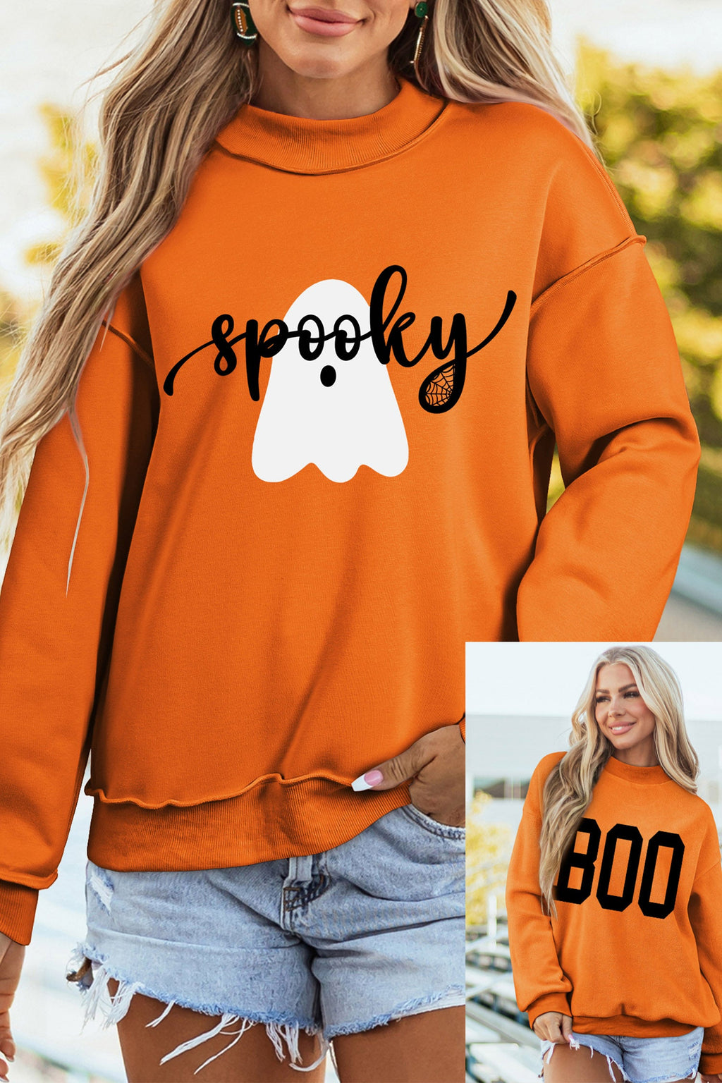 Carrot Spooky Ghost/ BOO Reversible Print Mock Neck Casual Pullover Sweatshirt