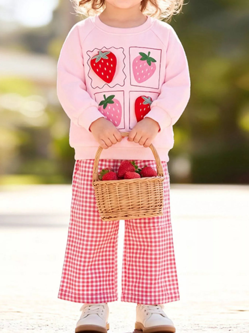 Children's Strawberry Graphic Sweatshirt and Gingham Pants Set