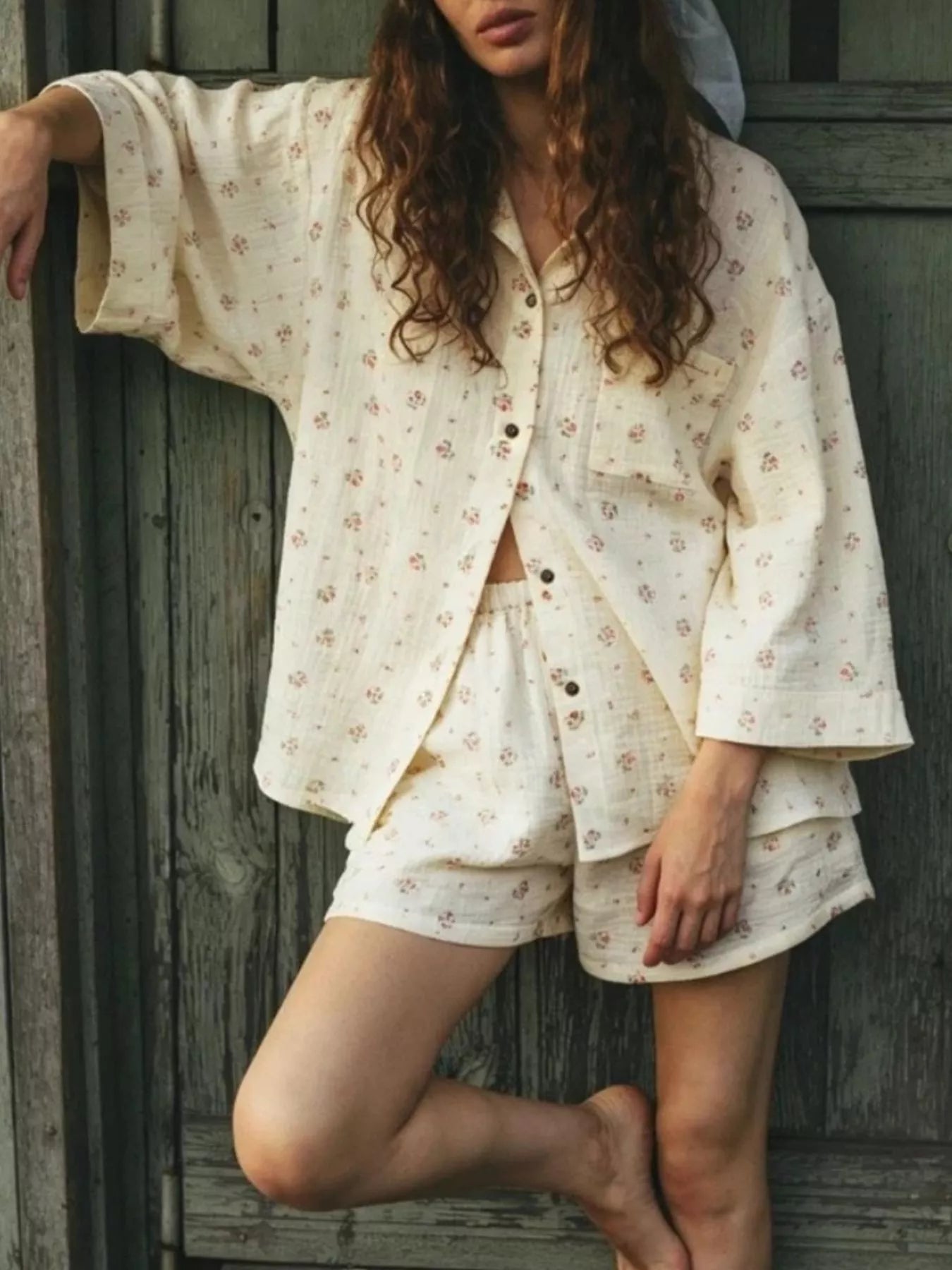 Floral Print Button Up Top and Shorts Set