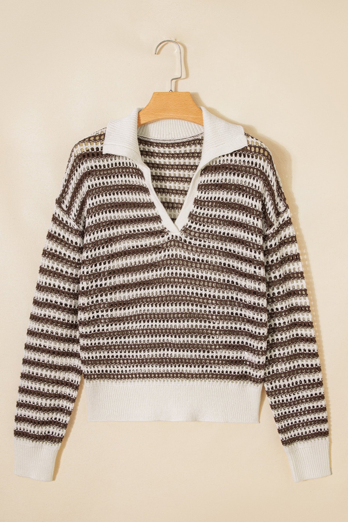 Stripe Eyelet Contrast Collared V-Neck Sweater
