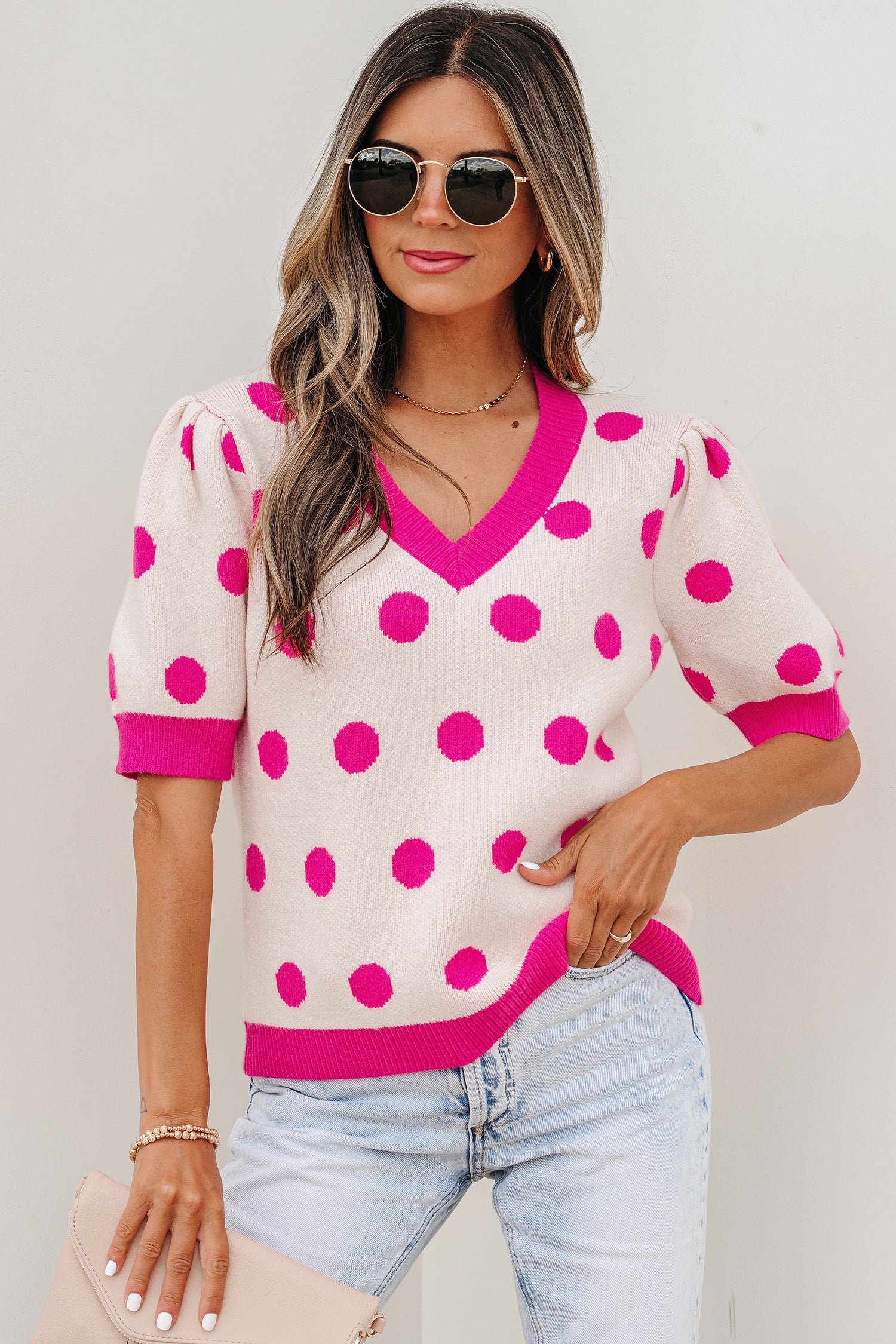 Pink Polka Dot Puff Short Sleeve Sweater Top