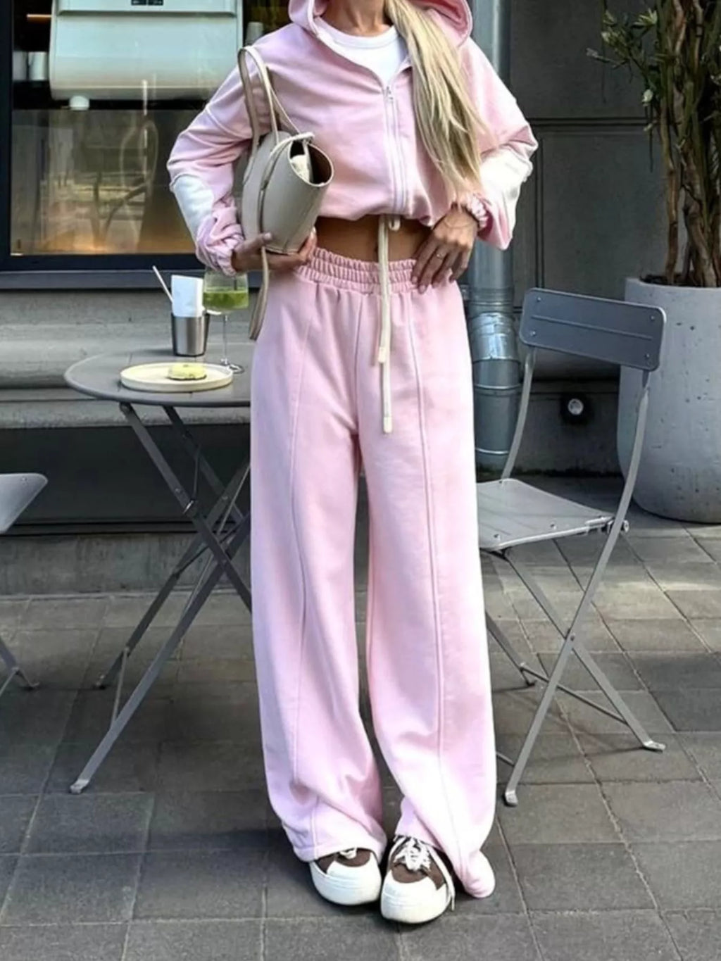 Zip Up Hoodie and Wide-Leg Pants Set