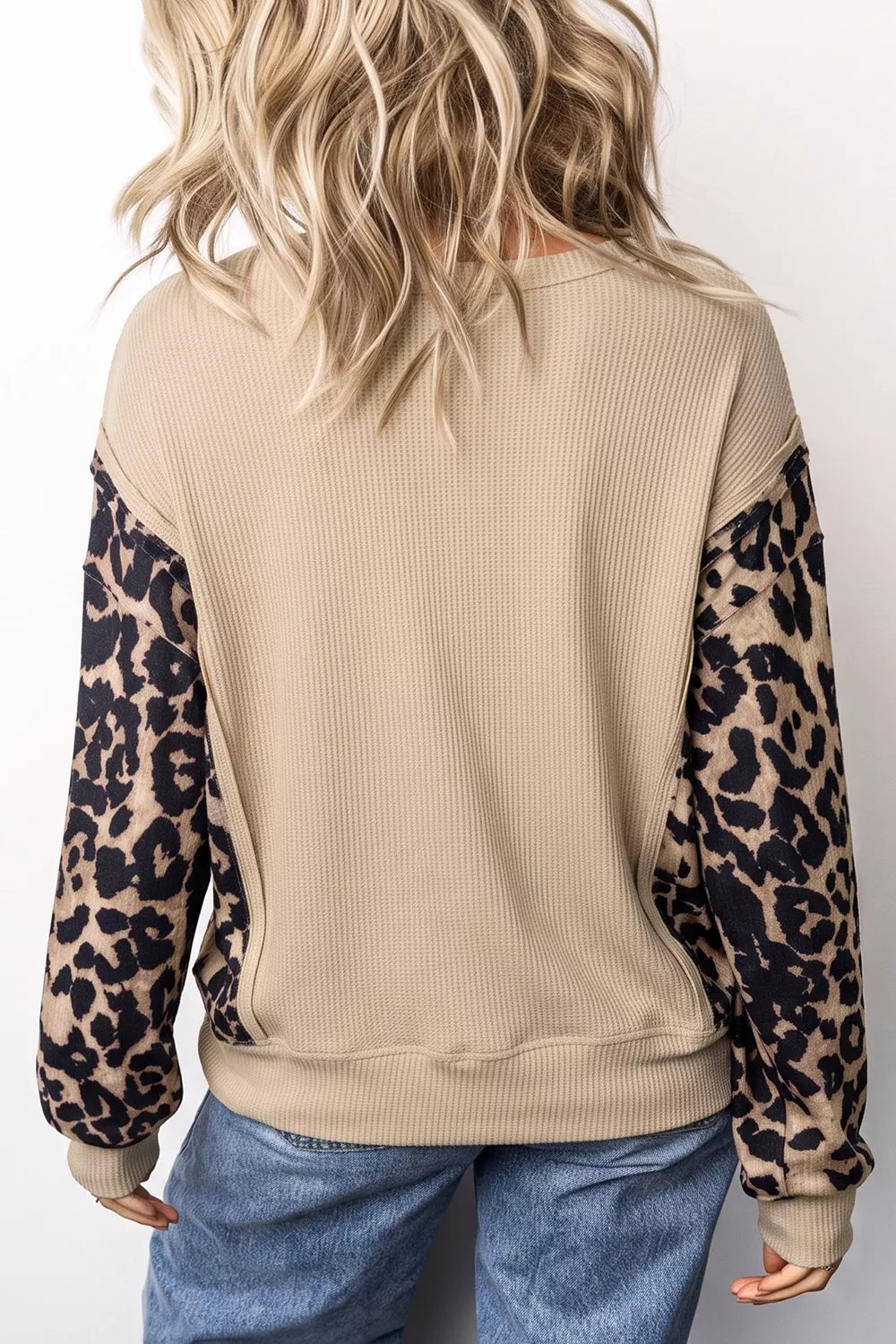 Leopard Sleeve Waffle Knit Split Hem Top