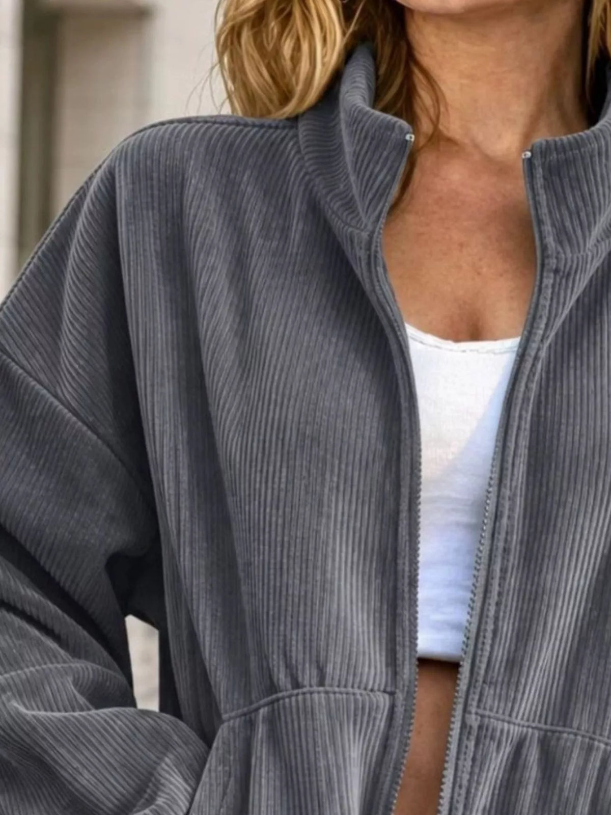 Corduroy Zip-Up Dropped Shoulder Jacket