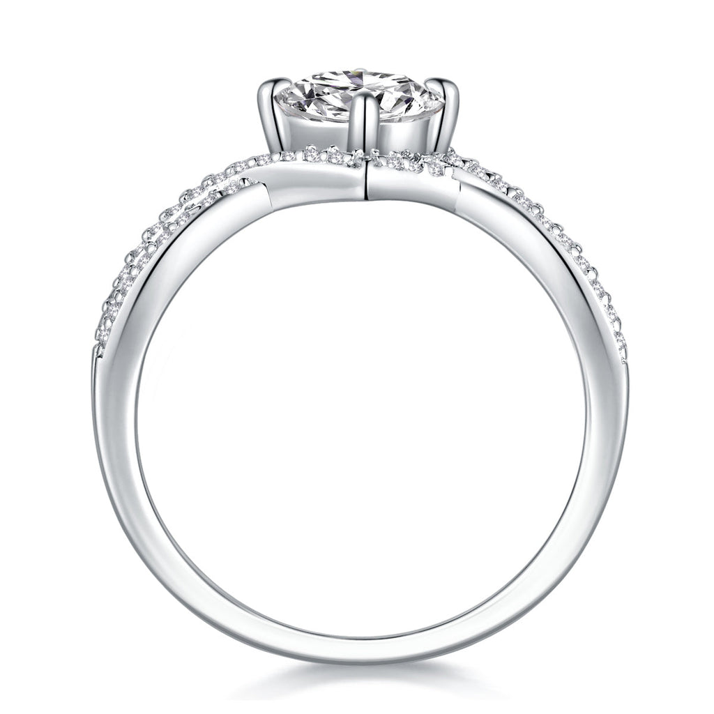 S925 Silver 3.3g Platinum Plated Moissanite Ring, 1ct 6.5mm D VVS1 Criss Cross Band, GRA Certified US 5-9